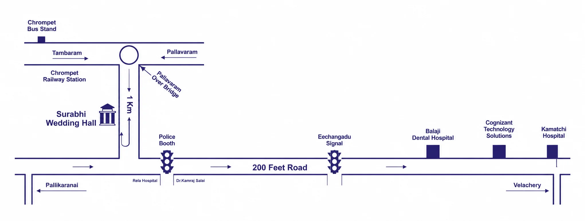Route map showing Surabhi Palace on 200 Feet Road, Pallavaram